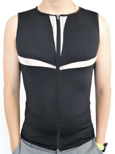 ECG compression garment with screen-printed electrodes (interior) with mesh paneling to increase ECG signal reliability.