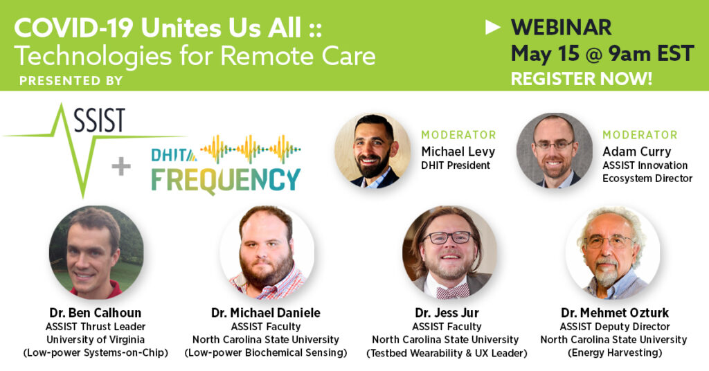 Webinar promotional graphic for a webinar on May 15 on technologies for remote care. They will also be discussing the virtual incubator for idea development. 