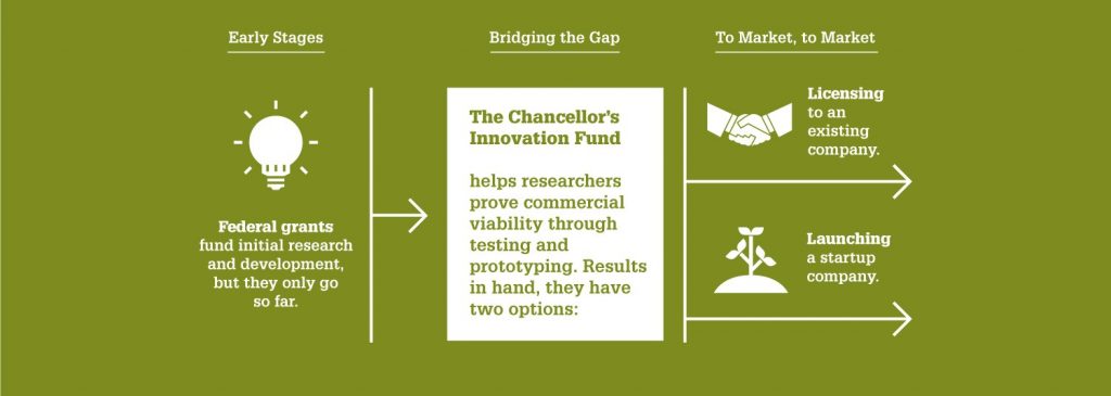 Flow chart showing how the Chancellor's Innovation Fund bridges the gap between federal grants and the marketplace.
